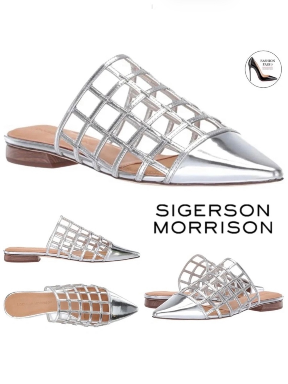 SIGERSON MORRISON Eddi caged mirrored silver leather mules flat heel sandals 37